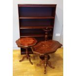 Two marquetry inlaid topped occasional tables, a turned jardinière stand and a four height open