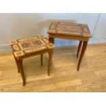 A Sorrento ware inlaid musical work table, having hinged lid opening to reveal fitted