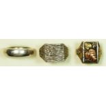 A silver signet ring, 42.7gmZ plus, a silver wedding band, Y and a silver floral signet ring, Y,