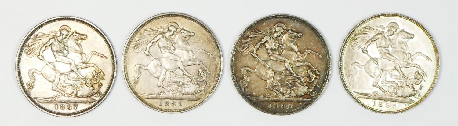 Victoria, Jubilee crowns, 1887, 1889, and two 1895 crowns (4)