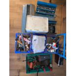 A substantial collection of tools, to includes a table top vice, hammers, sockets, blow lamps,