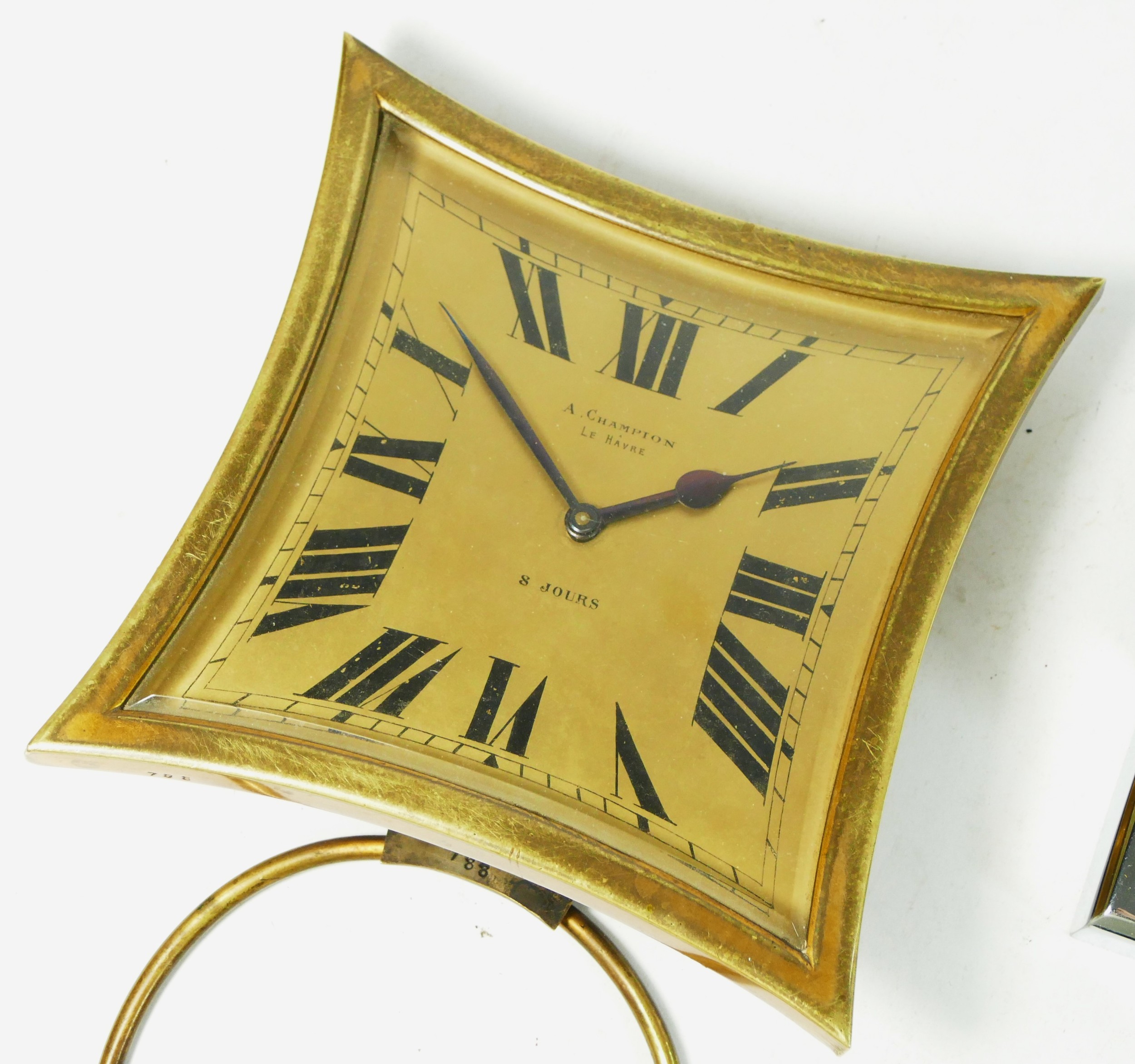 A 1930s Art Deco chrome mantel clock, with 8 day movement, 12cm tall, together with a French brass - Image 3 of 5