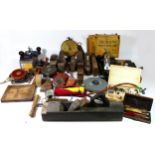 A collection of carpenters hand tools, to include a Record router 071, Record planes, a Bladon
