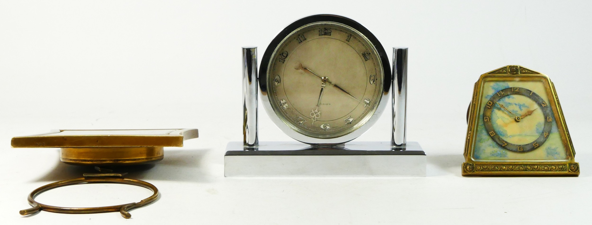 A 1930s Art Deco chrome mantel clock, with 8 day movement, 12cm tall, together with a French brass