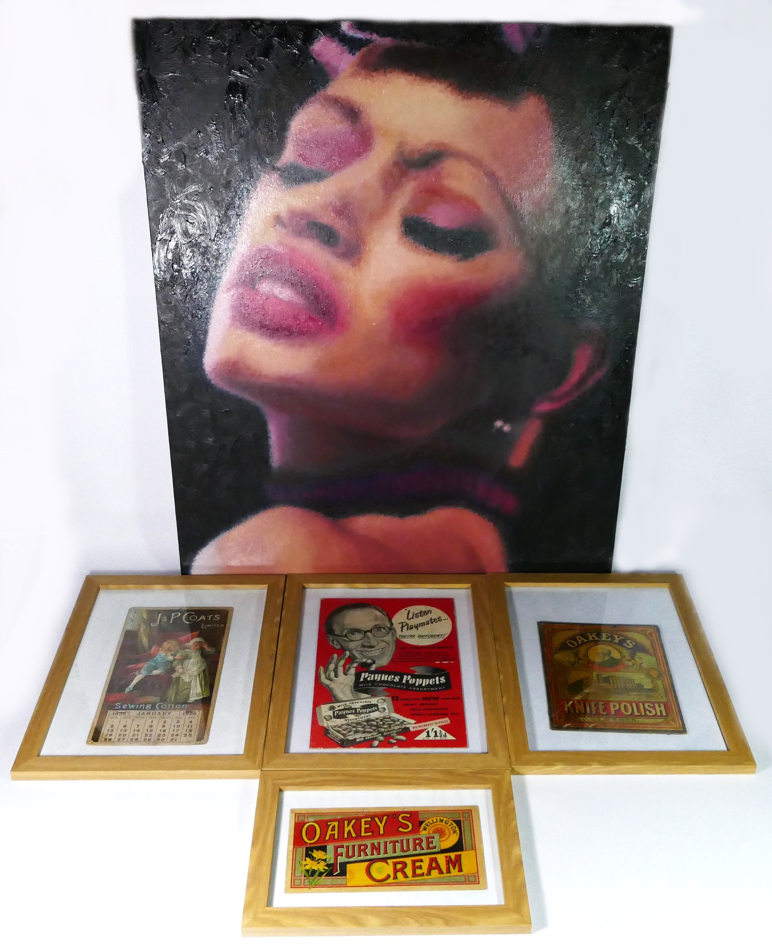 Four framed advertising prints, to include Oakey's Knife Polish, 20cm x 25cm, J & P Coates Sewing