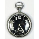 Waltham military keyless wind open face pocket watch, black dial, broad arrow and 30464749, screw