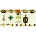 A silver and tigers eye and hardstone panel link bracelet, 19cm, a silver, amethyst and citrine