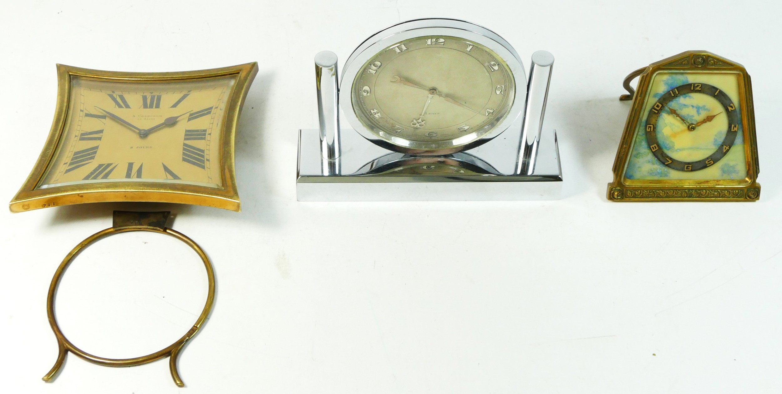 A 1930s Art Deco chrome mantel clock, with 8 day movement, 12cm tall, together with a French brass - Image 2 of 5