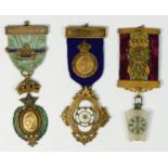 A Victorian gilt metal and enamel Golden Jubilee jewel, another with chalcedony keystone and a