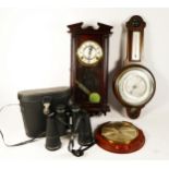 A cased pair of Hanimex binoculars 10x50, together with a Vienna style wall clock and two wall