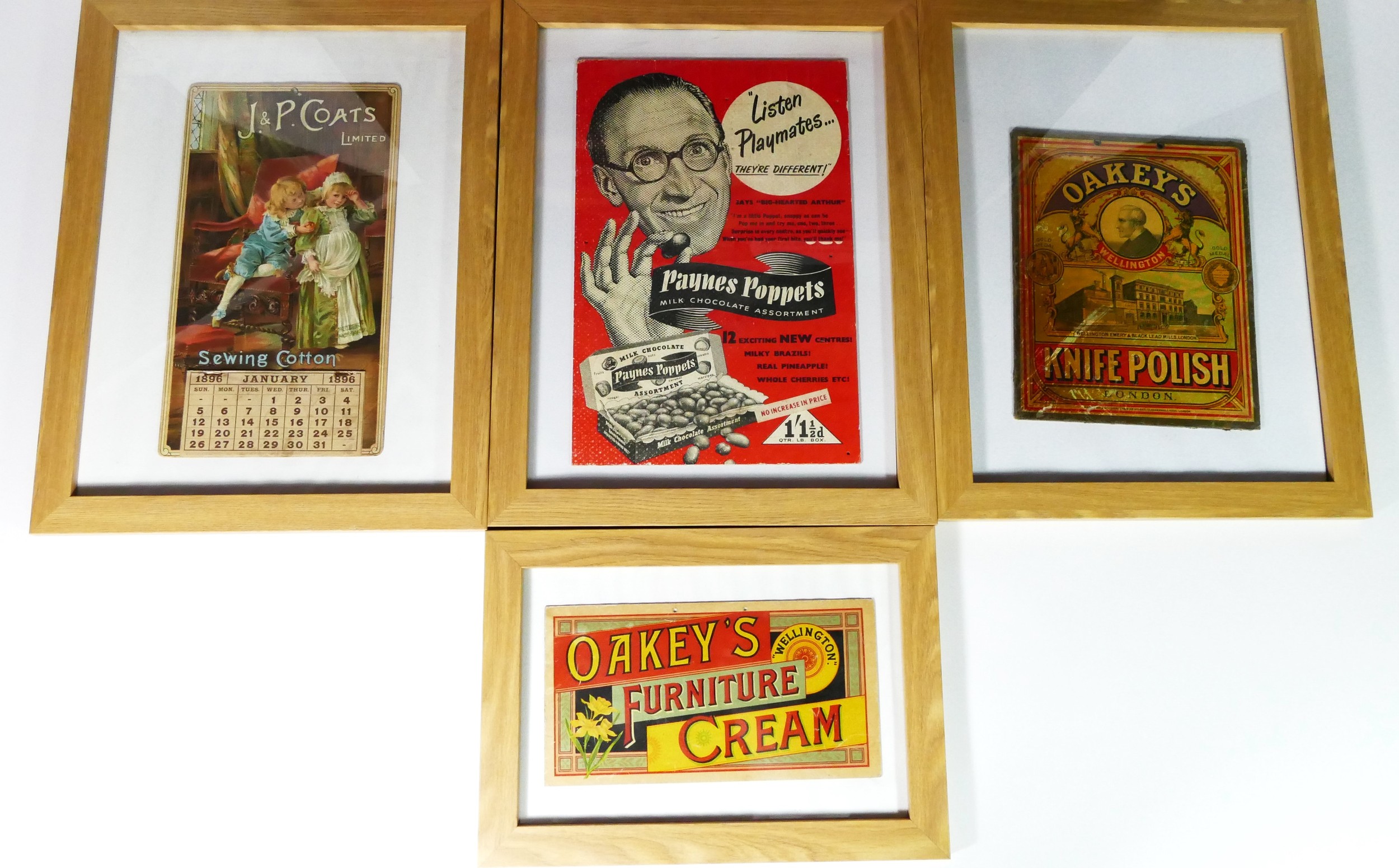 Four framed advertising prints, to include Oakey's Knife Polish, 20cm x 25cm, J & P Coates Sewing - Image 2 of 2