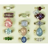 A collection of 14 silver and gemset rings, including tanzanite, 60gm