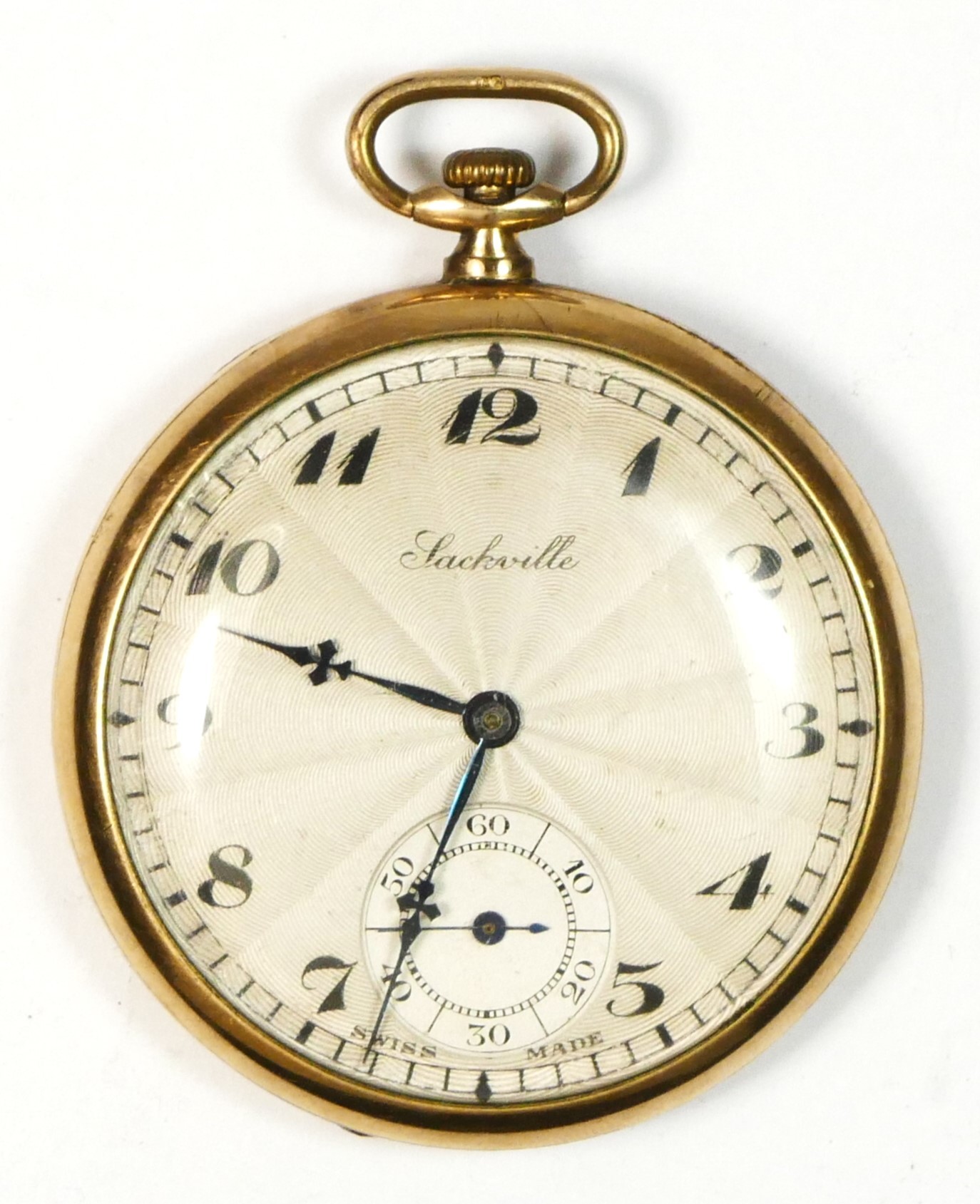 Sackville, a gold plated, keyless wind, open face pocket watch, 15 jewel, 2 adjustments movements,