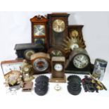 A collection of mid 20th century mantel and wall clocks, manual wind and quartz movements for spares