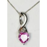 A 9ct gold synthetic pink sapphire heart shape pendant, diamond chip above, chain, 1gm