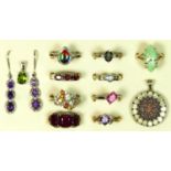 Nine silver and gemset rings, two pendants and a pair of ear rings, 52gm.