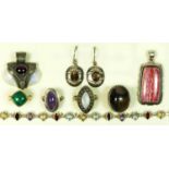A silver mounted gemstone bracelet, 21cm, four silver and gemstone rings, two pendants and a pair of