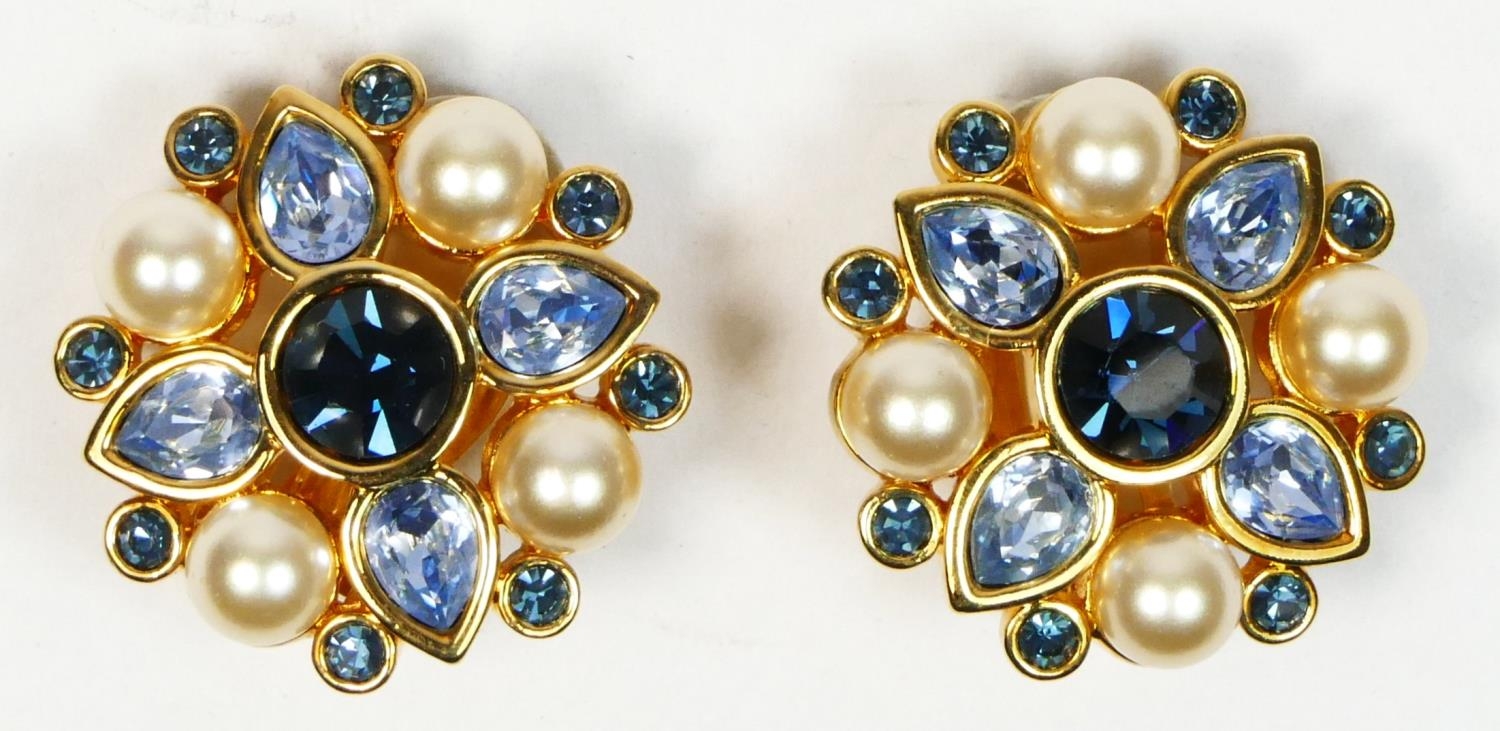 Swarovski, a pair of Jeweller's Collection blue crystal and pearl ear clips, apparently unworn, - Image 2 of 3