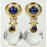 A pair of De Vroomen style gold, sapphire, diamond and rock crystal ear rings, unmarked, the