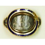 A George III gold, blue and white enamel, woven hair and rose cut diamond mourning ring, inscribed