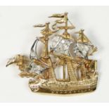 A gold and diamond set galleon brooch, the sails set with 17 single cut stones, 3 x 3cm, 4.4gm