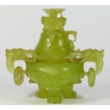 Chinese ‘jade’ (serpentine) carved stone censor, the translucent green stone vessel with dragons