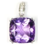 A 9ct white gold, amethyst and brilliant cut diamond pendant, stone 11mm square, 2.4gm