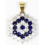 An 18ct gold sapphire and diamond cluster pendant, unmarked, claw set with brilliant cut stones,