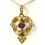 A Victorian gold, amethyst and pearl openwork pendant, unmarked, 29 x 19mm overall, to a 9ct gold