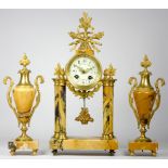 A French Empire mid-19th century marble and gilt brass mounted clock garniture having an eight-day