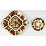 A Royal Crown Derby Imari footed dish, pattern 1128, XXXIX, 22.5 x 20cm, and a small circular