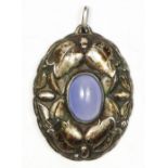 A Continental Arts and Crafts silver and stained blue chalcedony pendant, c.1900/20, stamped 800, 34