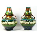 A pair of Wileman & Co. Foley Intarsio two handled double gourd vases, designed by Frederick