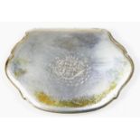 A George II silver cartouche shape snuff box, unmarked, c.1750, armorial crest and traces of