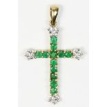 A 9ct gold, emerald and brilliant cut diamond set cross pendant, 28 x 16mm, 1.5gm