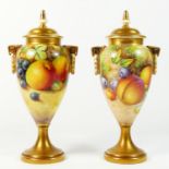 Two Royal Worcester lidded twin handled urns, Painted Fruit Study, stamped 2713/3, artist signed