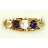 A Victorian 15ct gold, possibly aquamarine and amethyst five stone ring, stamped 15c, ?, 15c, scroll