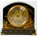 A French gilded black lacquer chinoiserie alarm clock, early to mid 20th century, the case painted