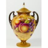 A Royal Worcester twin handled lidded vase, Painted Fruits, signed by artist, T.Nutt, stamped on