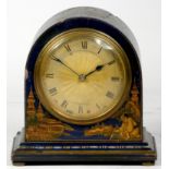 A French gilded blue lacquer chinoiserie mantel clock, the painted case depicting oriental scenes,