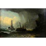R. Coverdale (20th century), shipwreck by a lighthouse, oil on canvas, initialled RC, 22 x 35 cm,