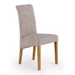 Lot RRP £280. Solid Oak 2x Scroll Back Chair In Dappled Beige Fabric With Solid Oak Legs RRP £140