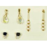 A 9ct gold pair of sapphire and white stone ear studs, 1.5gm and two other pair of ear rings
