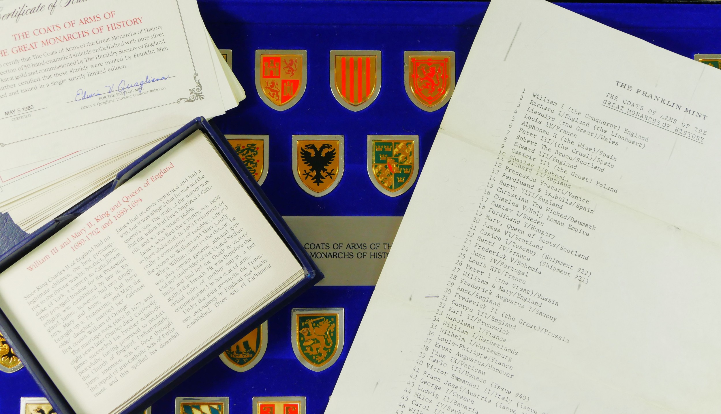 Franklin Mint, a display box containing 50 coats of arms in silver plate, gold plate and enamel of - Image 2 of 3