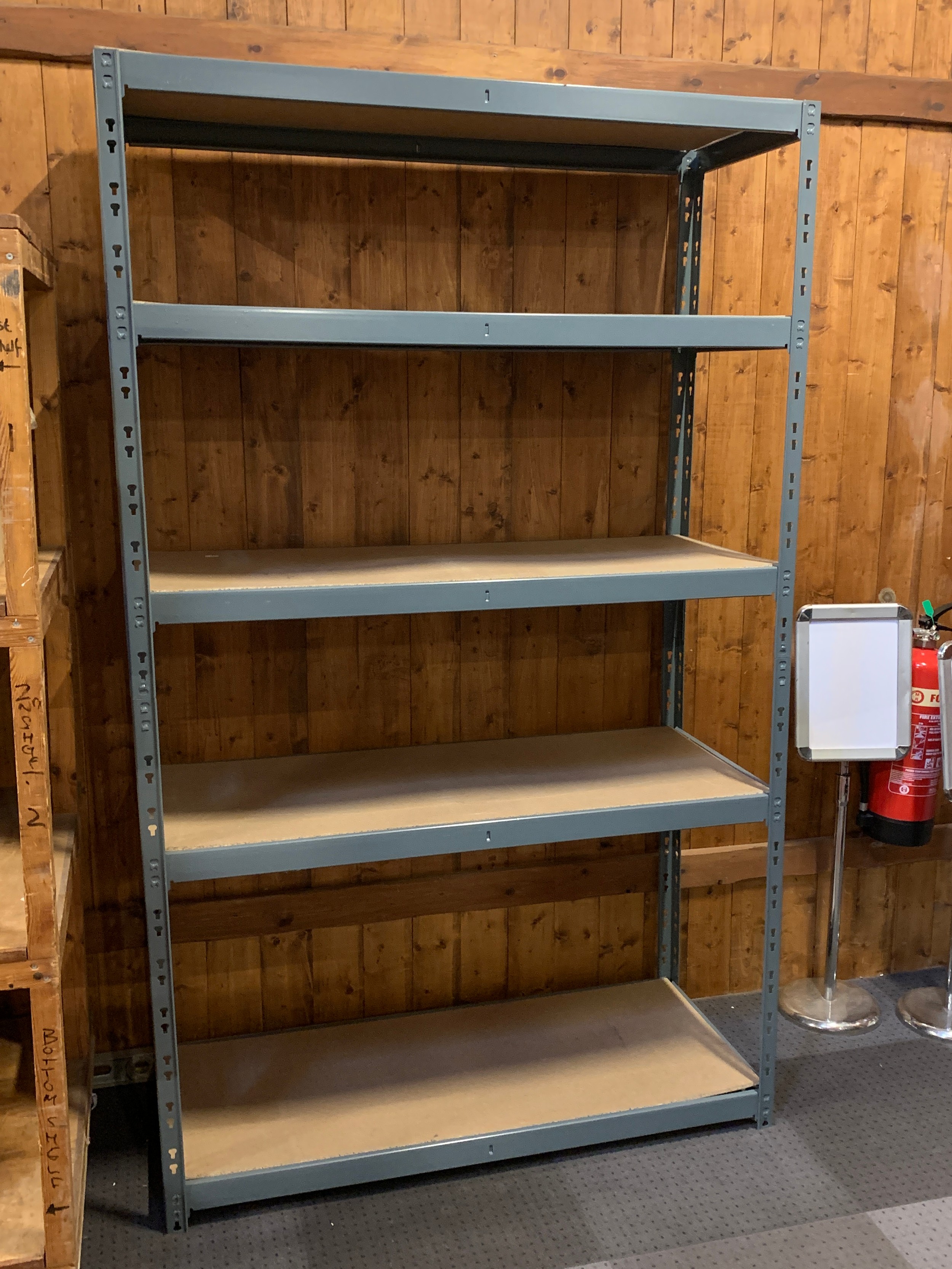 Two sets of five shelf racking, grey with partial board shelves, 122cm x 200cm x 50cm