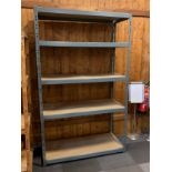 Two sets of five shelf racking, grey with partial board shelves, 122cm x 200cm x 50cm