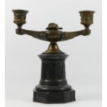 A late 19th/early 20th Century candelabra, bronzed cast metal on a black slate column (later