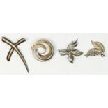 Andreas Daub, a 925 silver two leaf brooch, signed to pin and three other silver brooches, 26gm