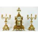 A French Louis XVI style gilt metal 3 piece garniture clock set, the case of architectural pagoda