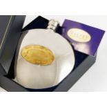 Grants of Dalvey, a circular hip flask with hidden collapsible toddy cup, diameter 13cm, unused